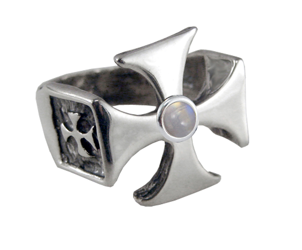 Sterling Silver Iron Cross Ring With Rainbow Moonstone For a Man or Woman Size 7